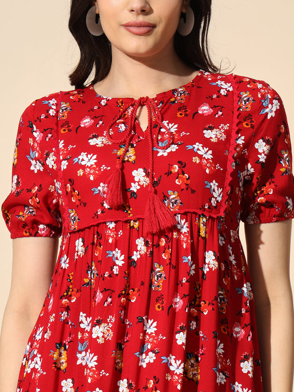 Printed Viscose Tunic With Tassel and Cotton Lace- #TU012-Red