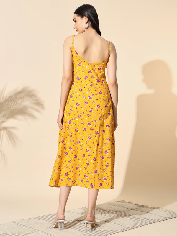 Yellow Floral Print Strap Dress- #DR004