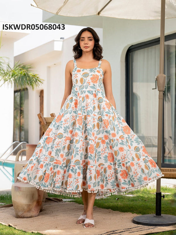 Floral Printed Shoulder Strip Dress-ISKWDR05068043
