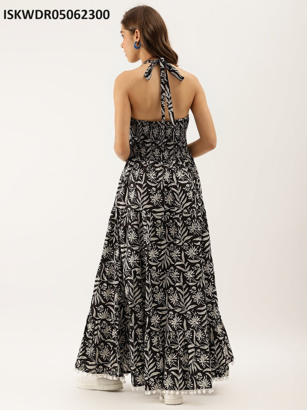 Floral Printed Cotton Shoulder Stripe Dress-ISKWDR05062300