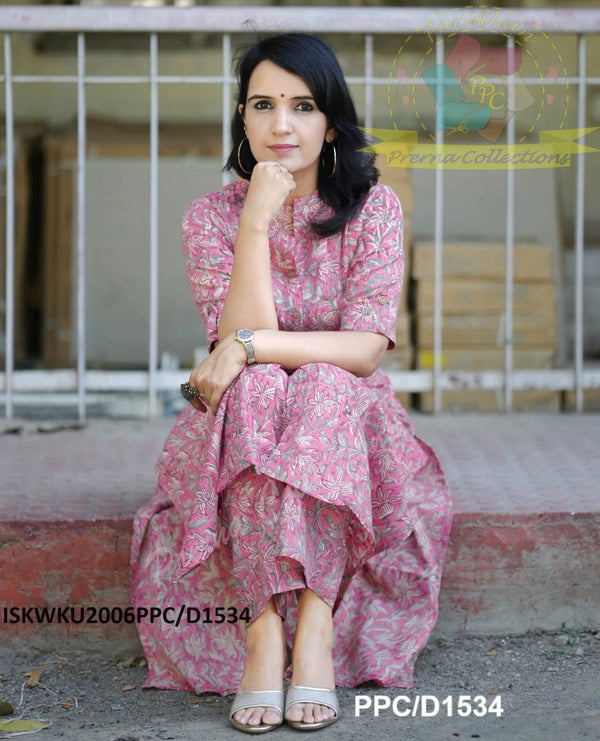 Hand Block Printed Kantha Weaved Cotton A-Line Kurti With Pant-ISKWKU2006PPC/D1534