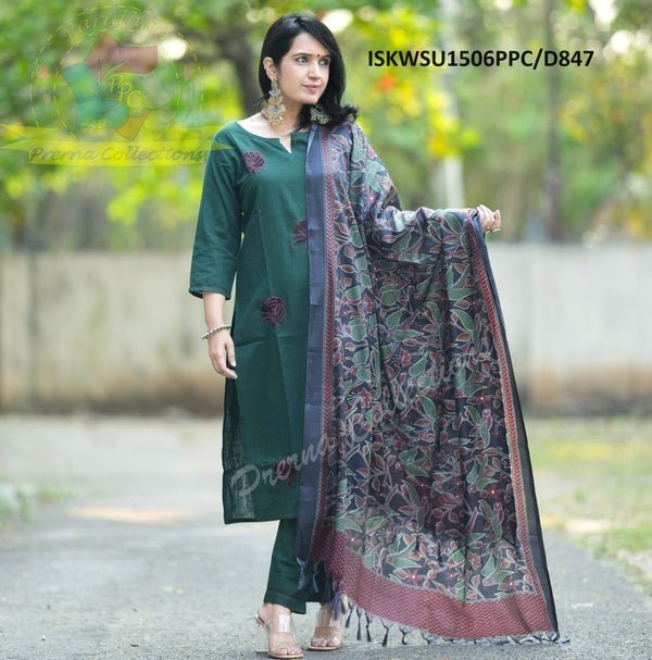 Handloom Khadi Cotton Kurti With Khadi Cotton Pant And Kantha Printed Silk Dupatta-ISKWSU1506PPC/D847