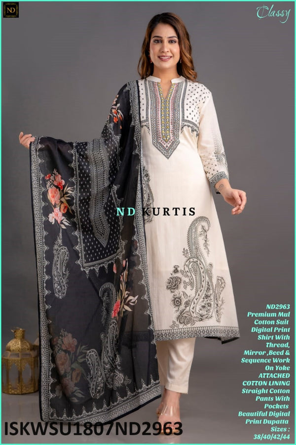 Digital Printed Malmal Cotton Kurti With Cotton Pant And Dupatta-ISKWSU1807ND2963