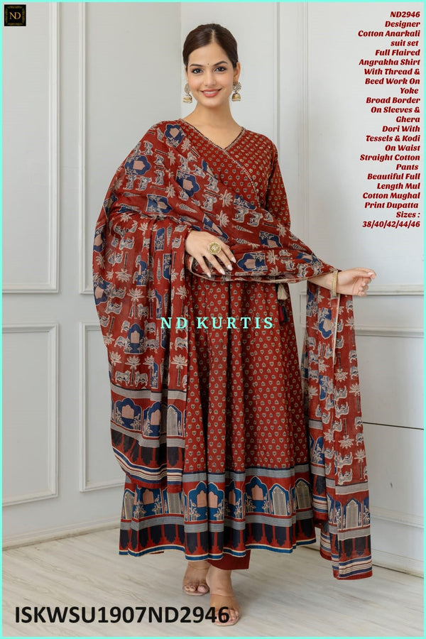 Printed Cotton Anarkali Kurti With Pant And Mughal Printed Malmal Cotton Dupatta-ISKWSU1907ND2946