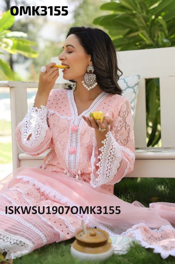 Embroidered Schiffli Net Kurti With Pant And Dupatta-ISKWSU1907OMK3155