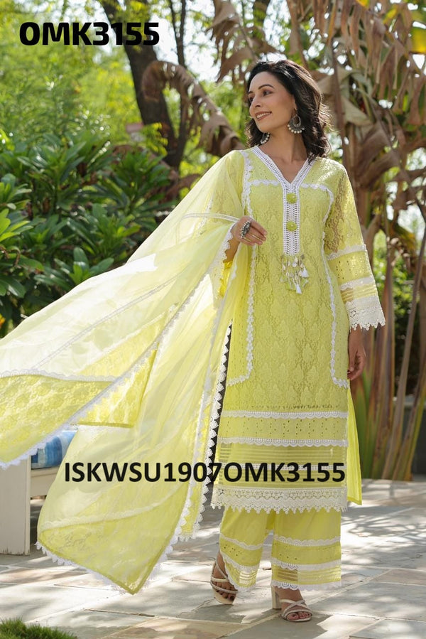 Embroidered Schiffli Net Kurti With Pant And Dupatta-ISKWSU1907OMK3155