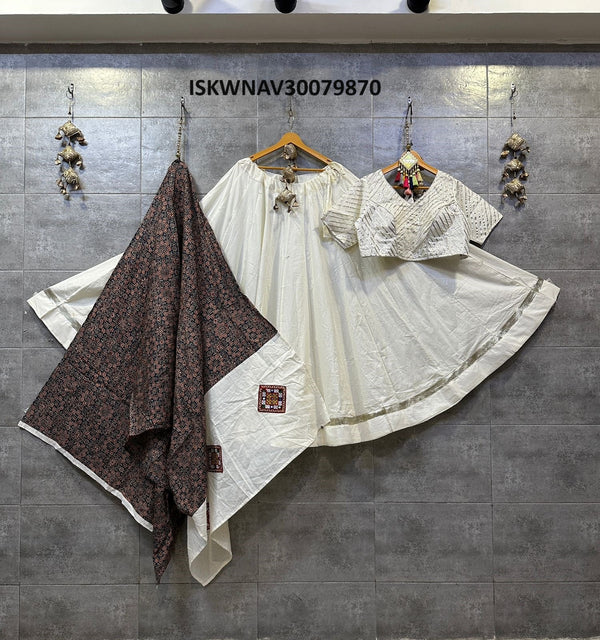 Embroidered Cotton Lehenga With Blouse And Printed Dupatta-ISKWNAV30079870