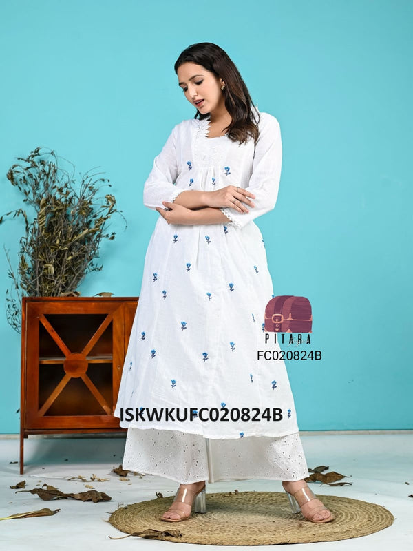 Embroidered Cotton Kurti With Schiffli Palazzo-ISKWKUFC020824B