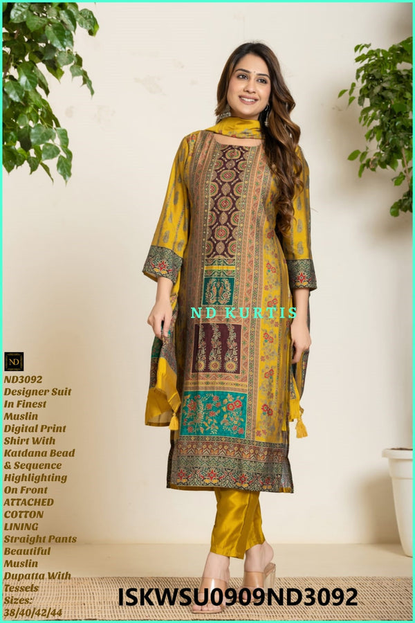 Digital Printed Maslin Kurti With Pant And Dupatta-ISKWSU0909ND3092