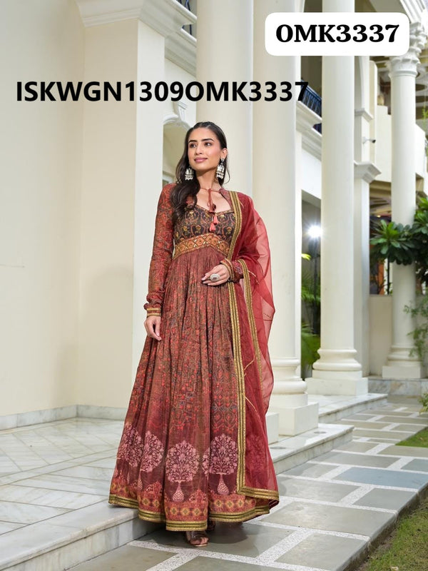 Embroidered Maslin Gown With Organza Dupatta-ISKWGN1309OMK3337