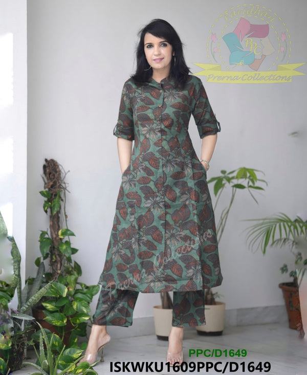 Kalamkari Printed Cotton A-Line Kurti With Pant-ISKWKU1609PPC/D1649