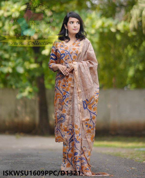 Kalamkari Printed Handloom Cotton Silk Kurti With Cotton Silk Pant And Dupatta-ISKWSU1609PPC/D1321