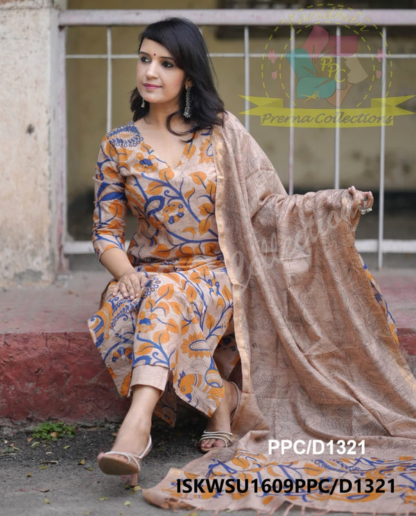 Kalamkari Printed Handloom Cotton Silk Kurti With Cotton Silk Pant And Dupatta-ISKWSU1609PPC/D1321