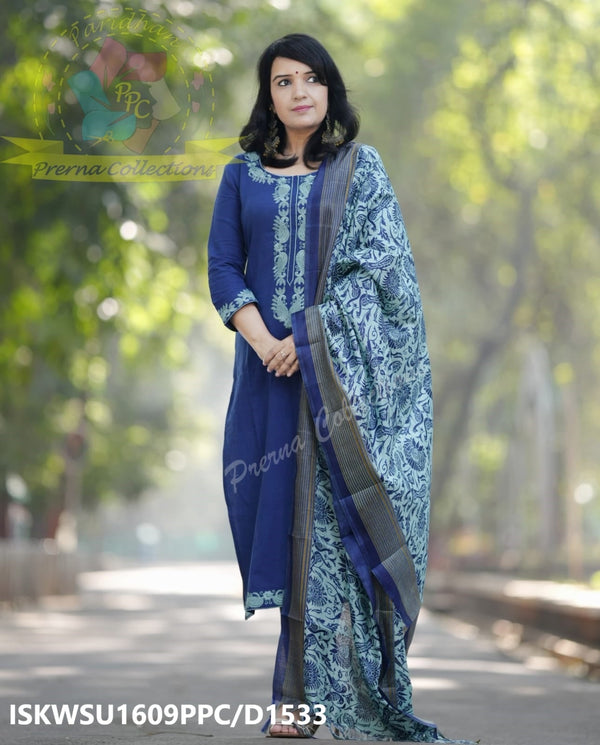 Khadi Cotton Kurti With Khadi Pant And Digital Kalamkari Printed Khadi Silk Dupatta-ISKWSU1609PPC/D1533