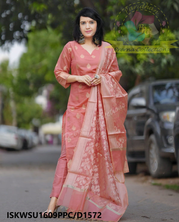 Banarasi Weaved Chanderi Kurti With Cotton Pant And Banarasi Dupatta-ISKWSU1609PPC/D1572