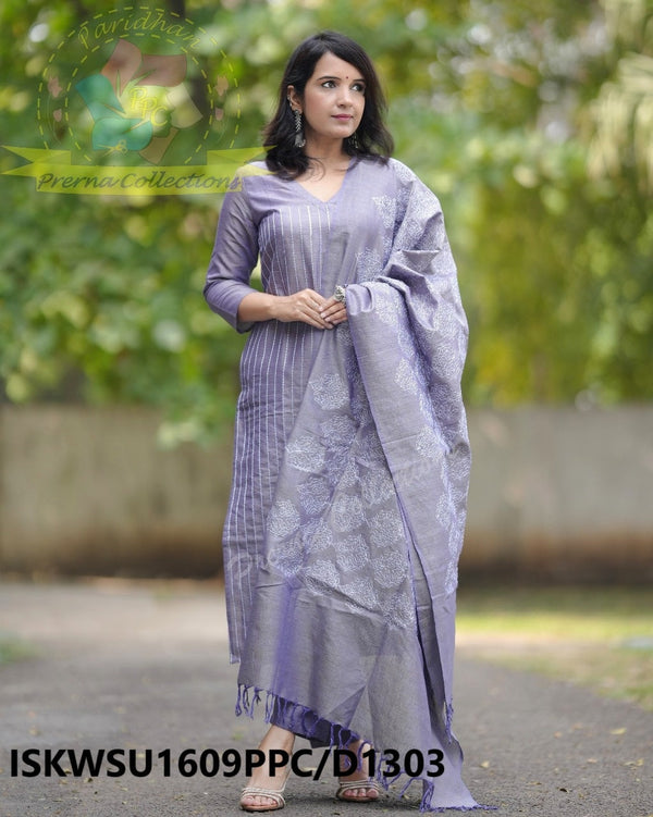 Embroidered Cotton Silk Kurti With Pant And Dupatta-ISKWSU1609PPC/D1303