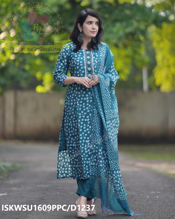 Printed Chanderi Silk Kurti With Pant And Dupatta-ISKWSU1609PPC/D1237