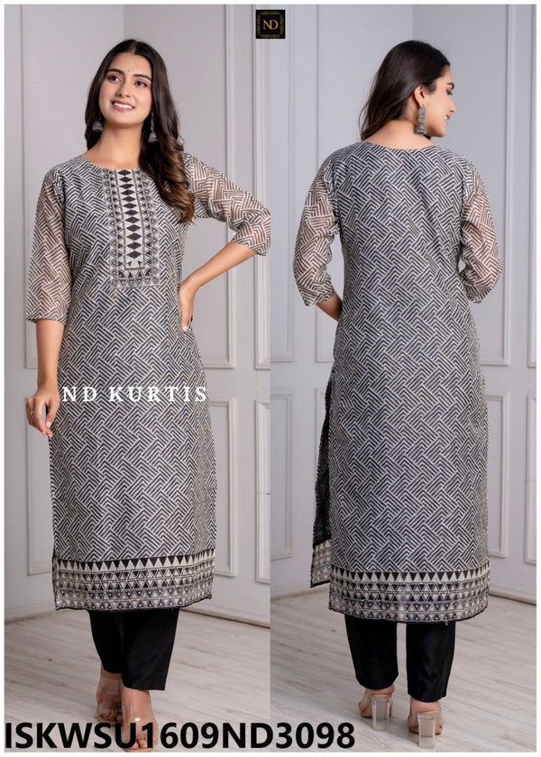 Geometrical Printed Chanderi Kurti With Cotton Pant And Chanderi Dupatta-ISKWSU1609ND3098