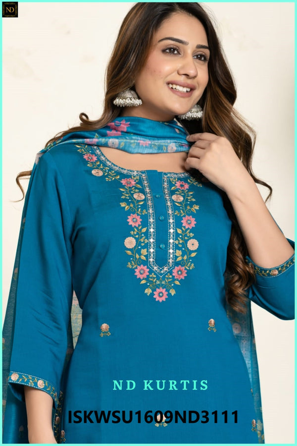 Embroidered Rayon Kurti With Pant And Printed Dupatta-ISKWSU1609ND3111/ND3112