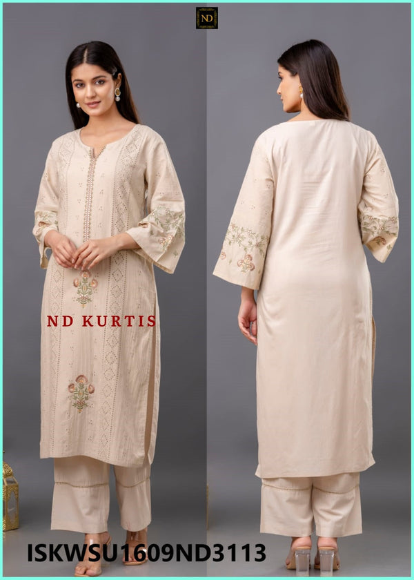 Embroidered Cotton Schiffli Kurti With Palazzo And Dupatta-ISKWSU1609ND3113