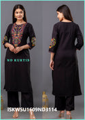 Embroidered Cotton Kurti With Pant And Self Weaved Cotton Dupatta-ISKWSU1609ND3114