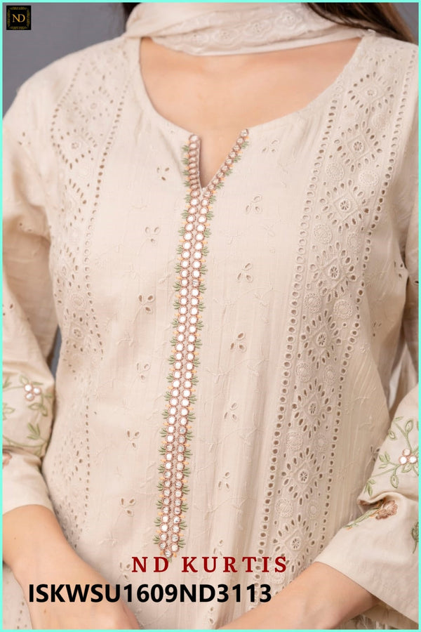 Embroidered Cotton Schiffli Kurti With Palazzo And Dupatta-ISKWSU1609ND3113