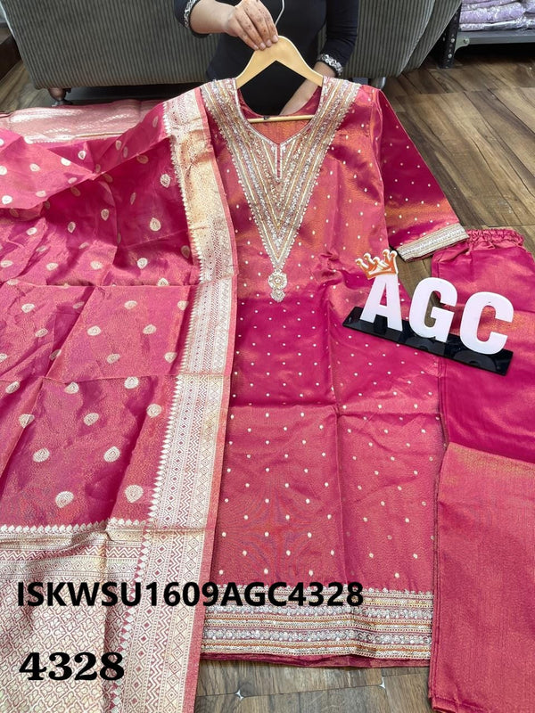 Embroidered Tissue Silk Kurti With Pant And Dupatta-ISKWSU1609AGC4328