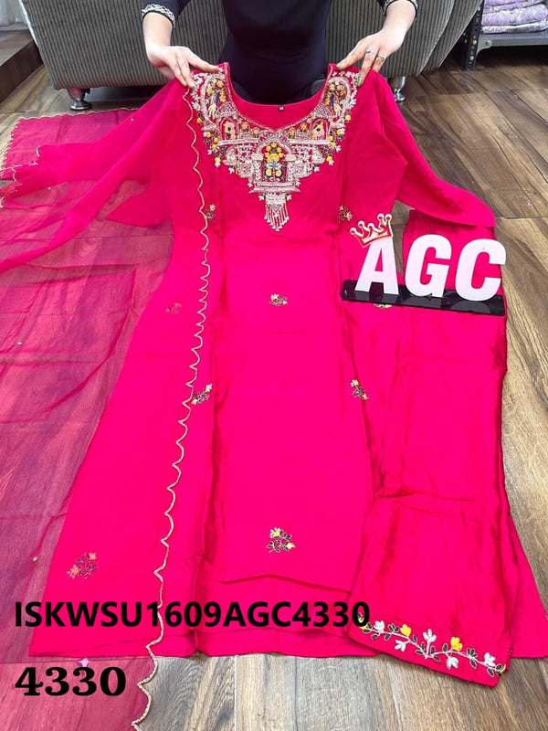 Embroidered Silk Kurti With Pant And Organza Dupatta-ISKWSU1609AGC4330