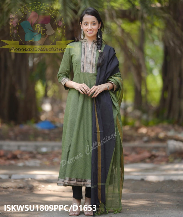 Handloom Cotton Anarkali Kurti With Pant And Cotton Dupatta-ISKWSU1809PPC/D1653