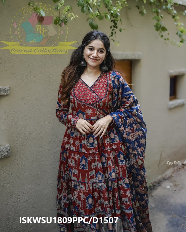 Ajrakh Printed Cotton Anarkali Kurti With Pant And Malmal Cotton Dupatta-ISKWSU1809PPC/D1507