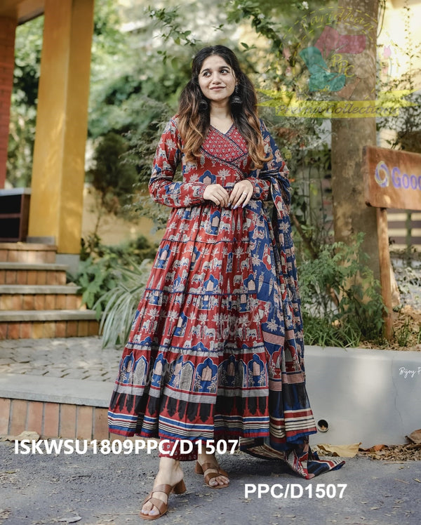 Ajrakh Printed Cotton Anarkali Kurti With Pant And Malmal Cotton Dupatta-ISKWSU1809PPC/D1507