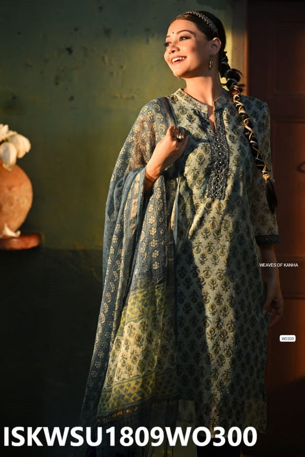 Ajrakh Printed Kota Doriya Kurti With Cotton Pant And Dupatta-ISKWSU1809WO300