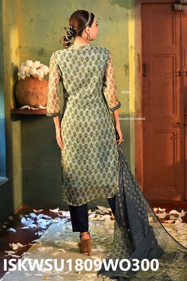 Ajrakh Printed Kota Doriya Kurti With Cotton Pant And Dupatta-ISKWSU1809WO300