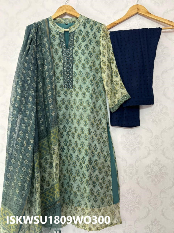 Ajrakh Printed Kota Doriya Kurti With Cotton Pant And Dupatta-ISKWSU1809WO300