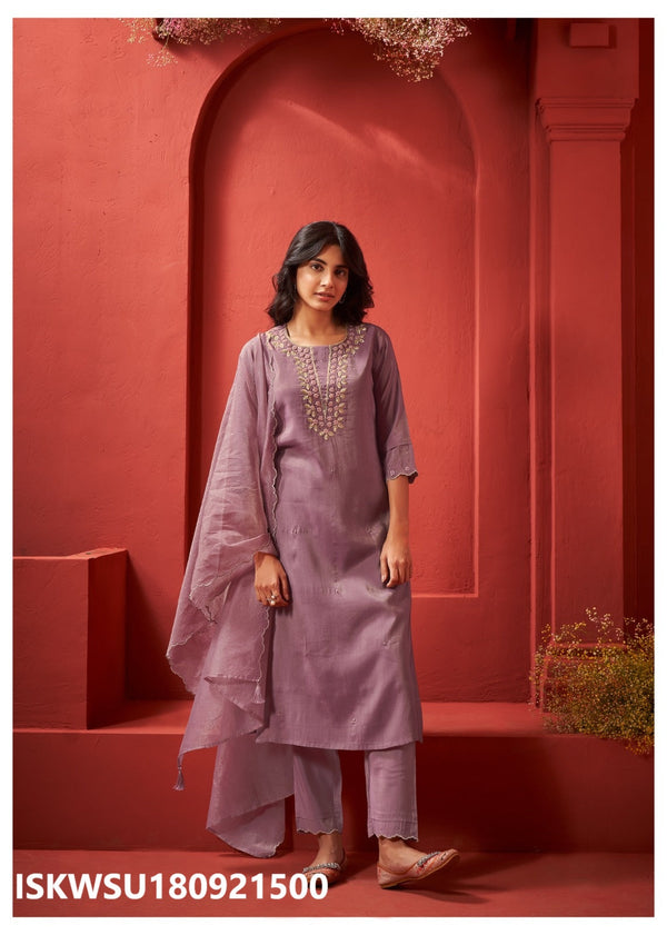 Embroidered Tissue Silk Kurti With Pant And Organza Dupatta-ISKWSU180921500