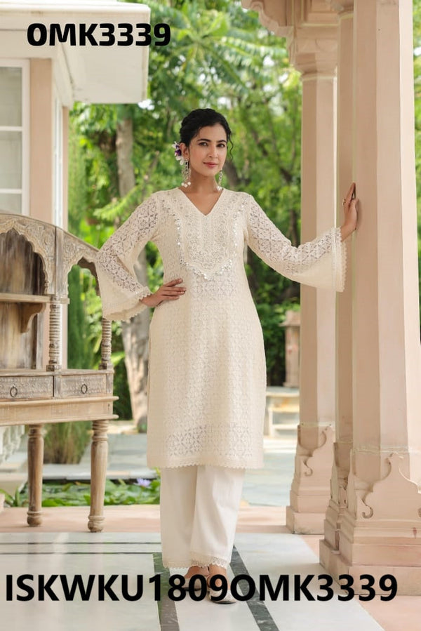 Embroidered Net Schiffli Kurti With Pant-ISKWKU1809OMK3339