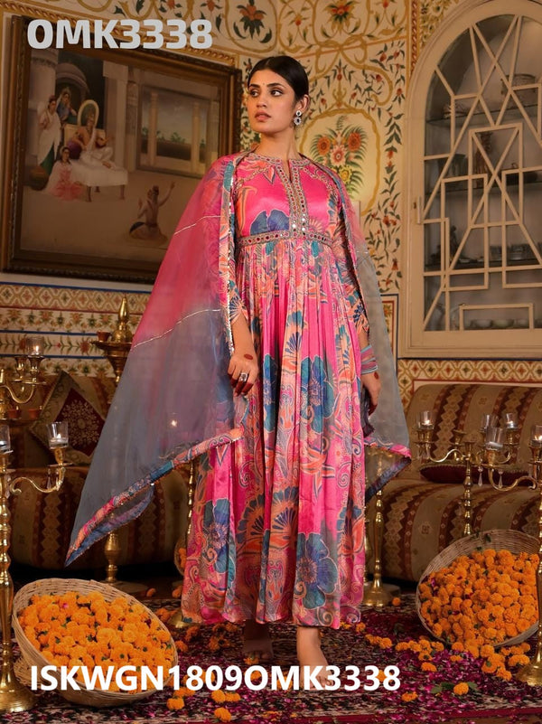 Printed Crepe Gown With Organza Dupatta-ISKWGN1809OMK3338