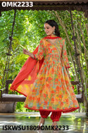 Digital Floral Printed Chinon Anarkali Kurti With Harem Pant And Chiffon Dupatta-ISKWSU1809OMK2233