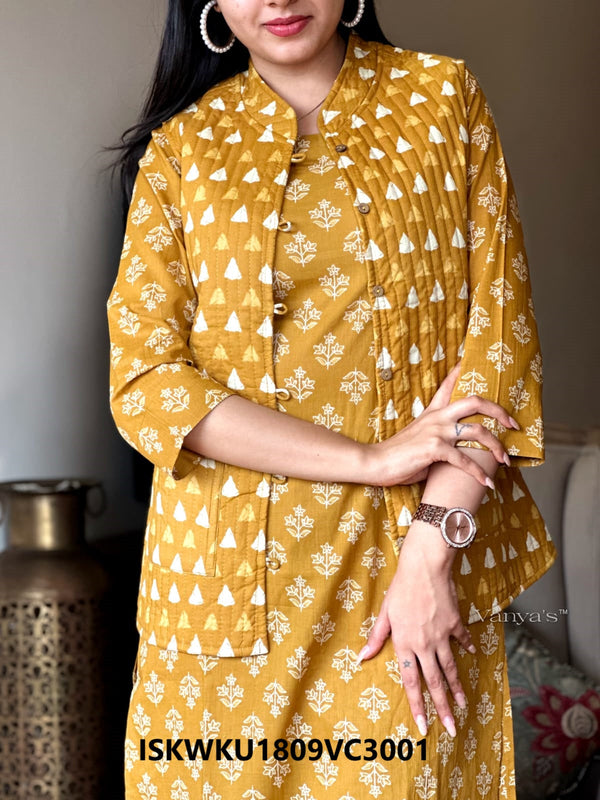 Hand Block Printed Cotton Kurti With Pant And Quilted Jacket-ISKWKU1809VC3001