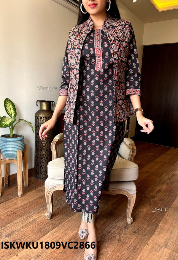 Hand Block Printed Cotton Kurti With Pant And Quilted Jacket-ISKWKU1809VC2866