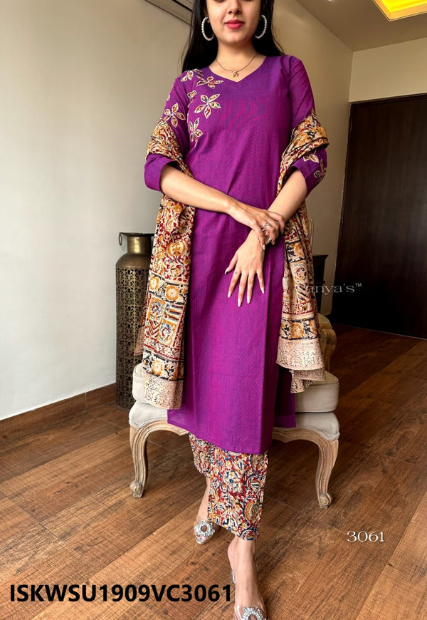 Handloom Cotton Kurti With Kalamkari Printed Pant And Dupatta-ISKWSU1909VC3061