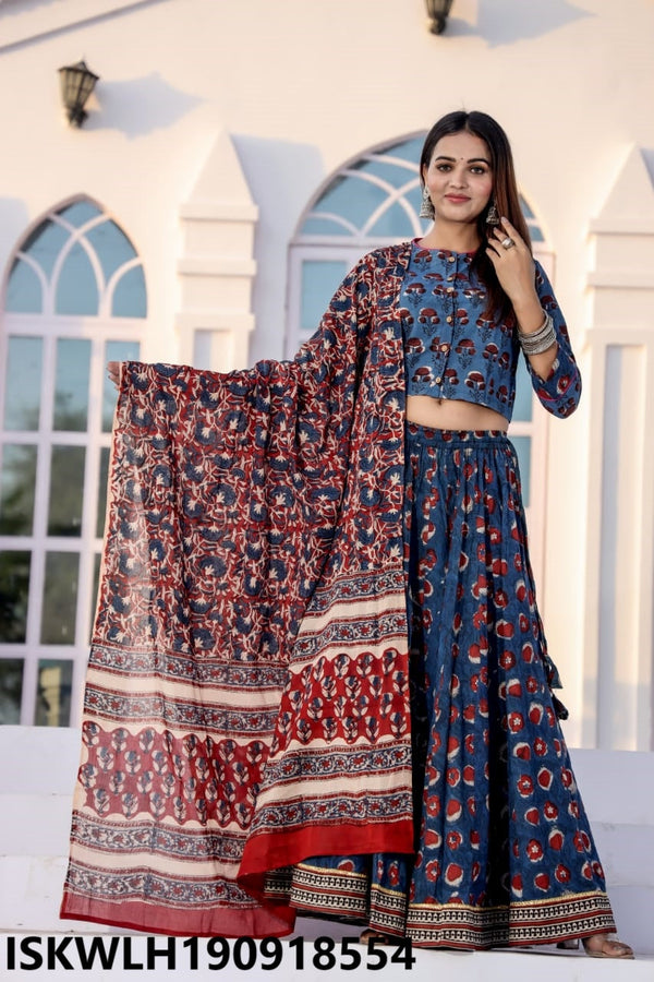 Bagru Hand Block Printed Cotton Lehenga With Blouse And Malmal Dupatta-ISKWLH190918554