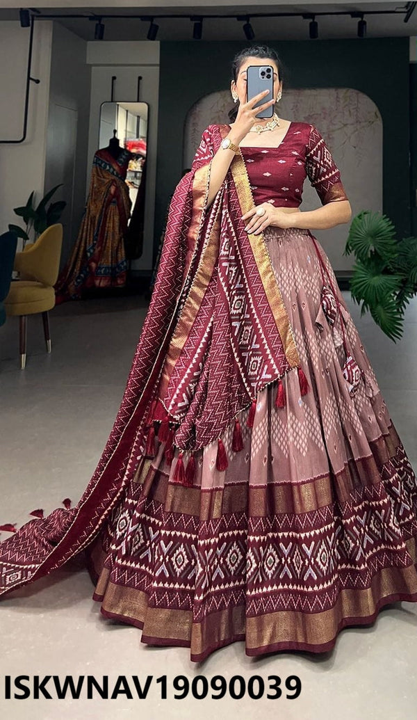 Foil Printed Dola Tussar Silk Lehenga With Blouse And Dupatta-ISKWNAV19090039