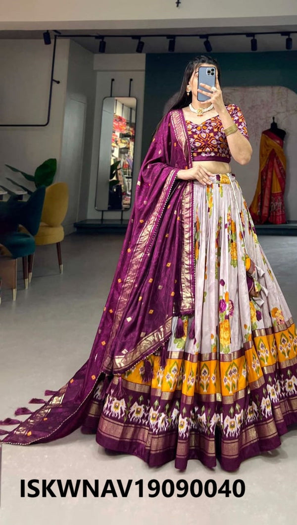 Foil Printed Dola Tussar Silk Lehenga With Blouse And Dupatta-ISKWNAV19090040