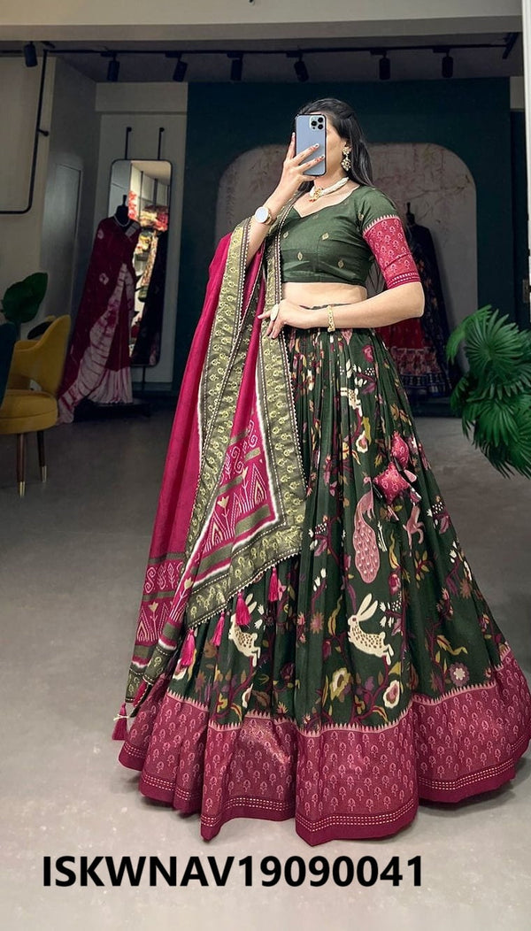 Foil Printed Dola Tussar Silk Lehenga With Blouse And Dupatta-ISKWNAV19090041