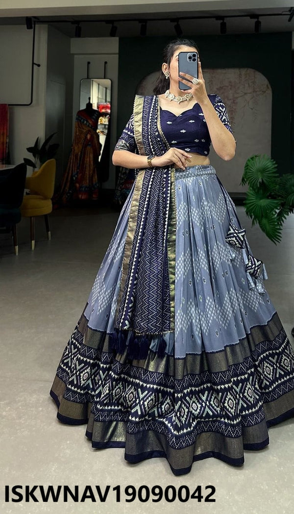 Foil Printed Dola Tussar Silk Lehenga With Blouse And Dupatta-ISKWNAV19090042