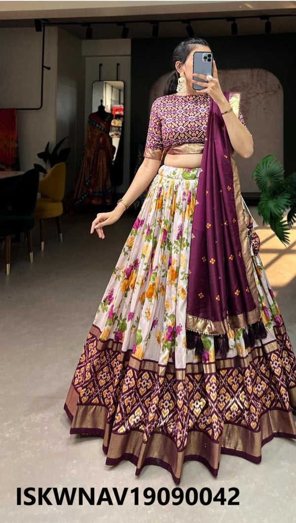 Foil Printed Dola Tussar Silk Lehenga With Blouse And Dupatta-ISKWNAV19090042