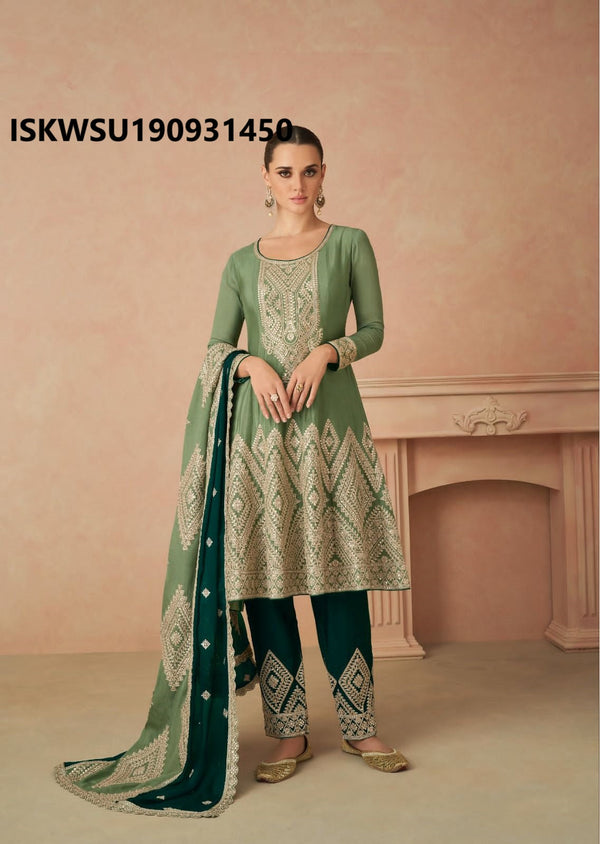 Embroidered Chinon Anarkali Kurti With Palazzo And Dupatta-ISKWSU190931450