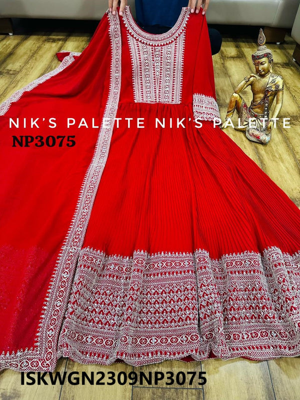 Embroidered Georgette Pleated Gown With Dupatta-ISKWGN2309NP3075