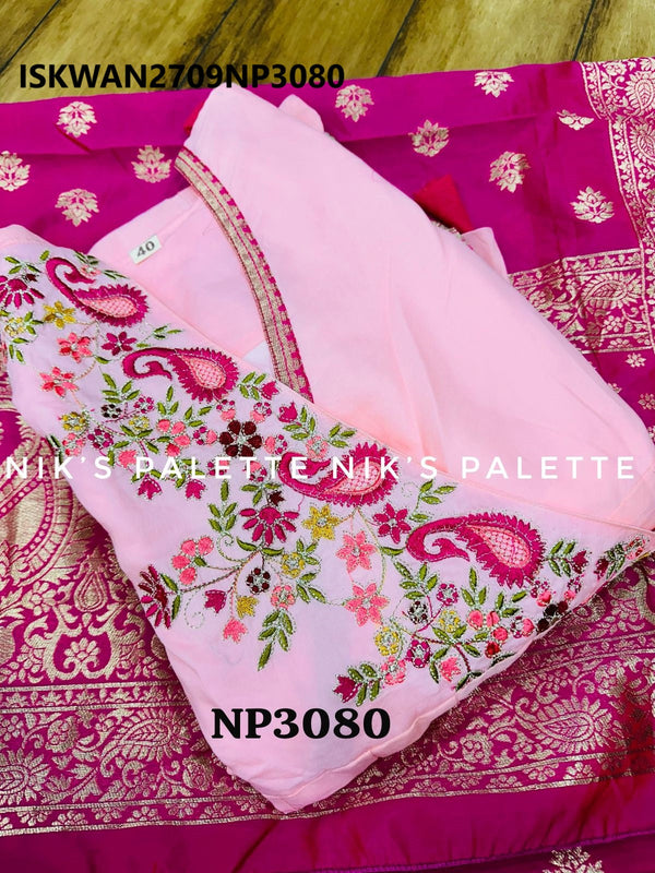 Embroidered Malmal Cotton Anarkali With Banarasi Silk Dupatta-ISKWAN2709NP3080